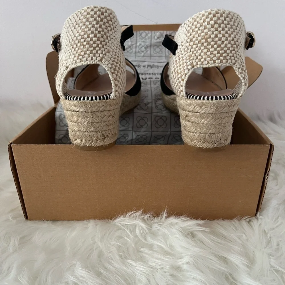 Viscata Italian Black and Cream Espadrille Wedge Sandals with Ankle Strap
